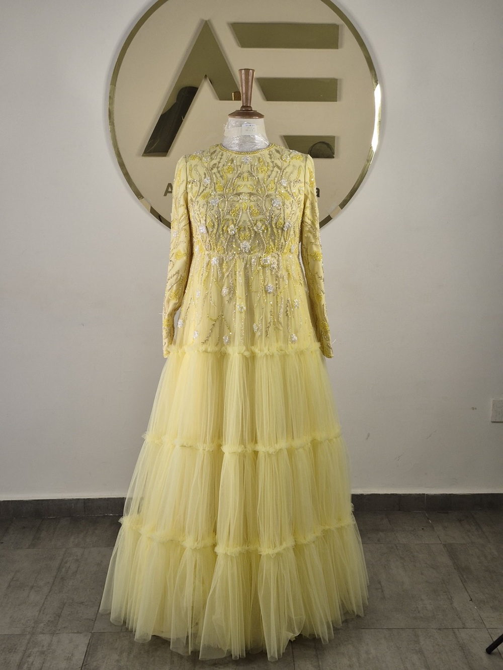 Embroidered Yellow Tulle Maxi Dress